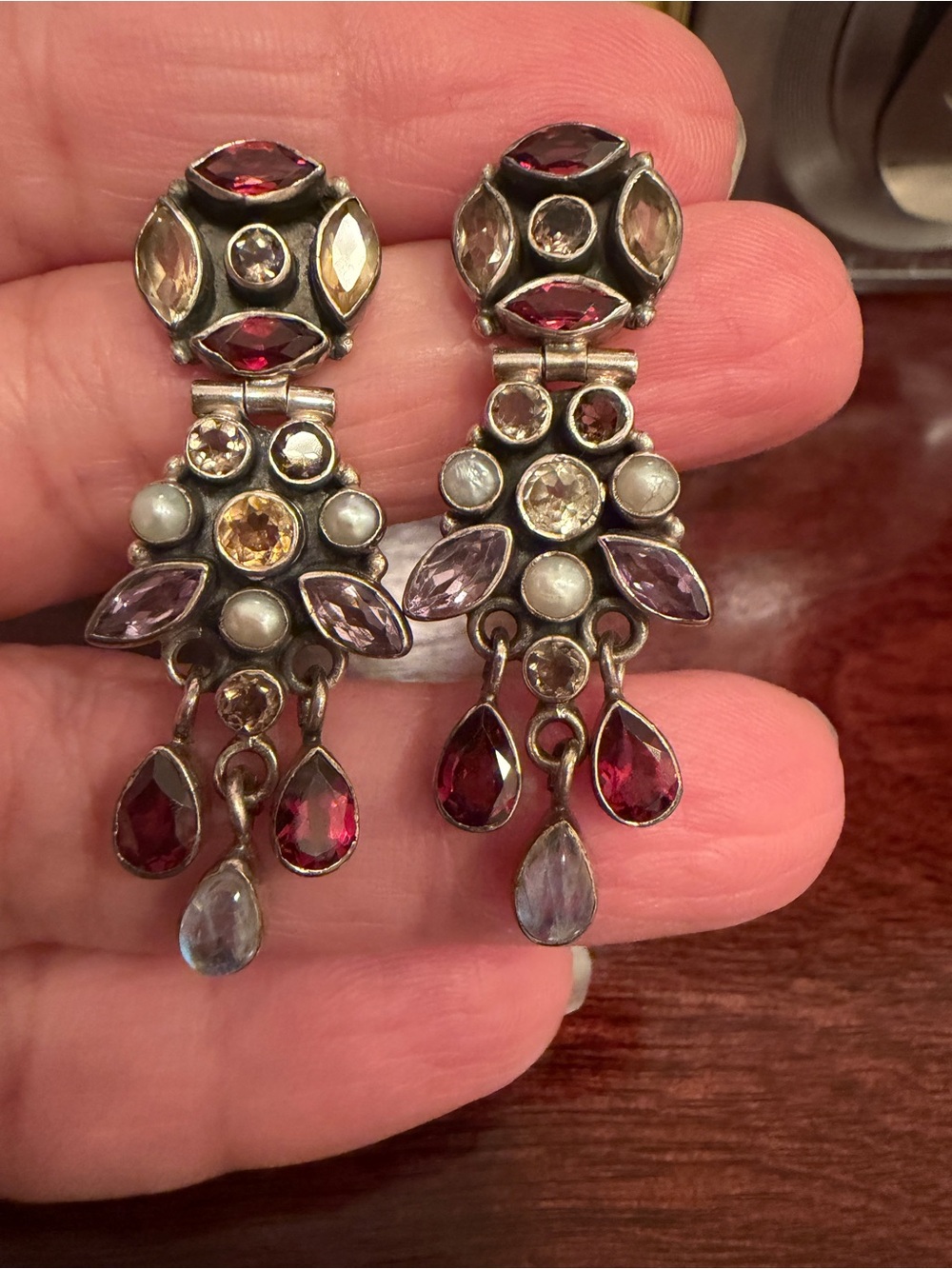 STERLING SILVER PIERCED EARRINGS, MULTI GEMSTONE vintage